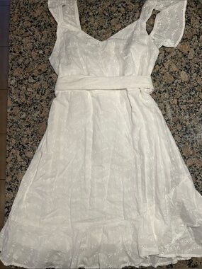 White Eyelet Midi Dress with Waist Tie and Ruffle Hem